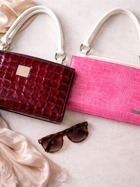 Michele Croc Embossed Interchangeable Shell Handbag in Pink & Burgundy. NWT
